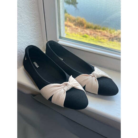 Vivaia Shoes - VIVAIA Bibi Almond Toe Knotted Bow Tie Flat Shoes in Black & Cream Women’s 38.5